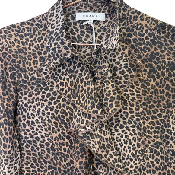 NEW Frame Leopard Print Ruffle Front Silk Blouse Size XS - Picture 5 of 7
